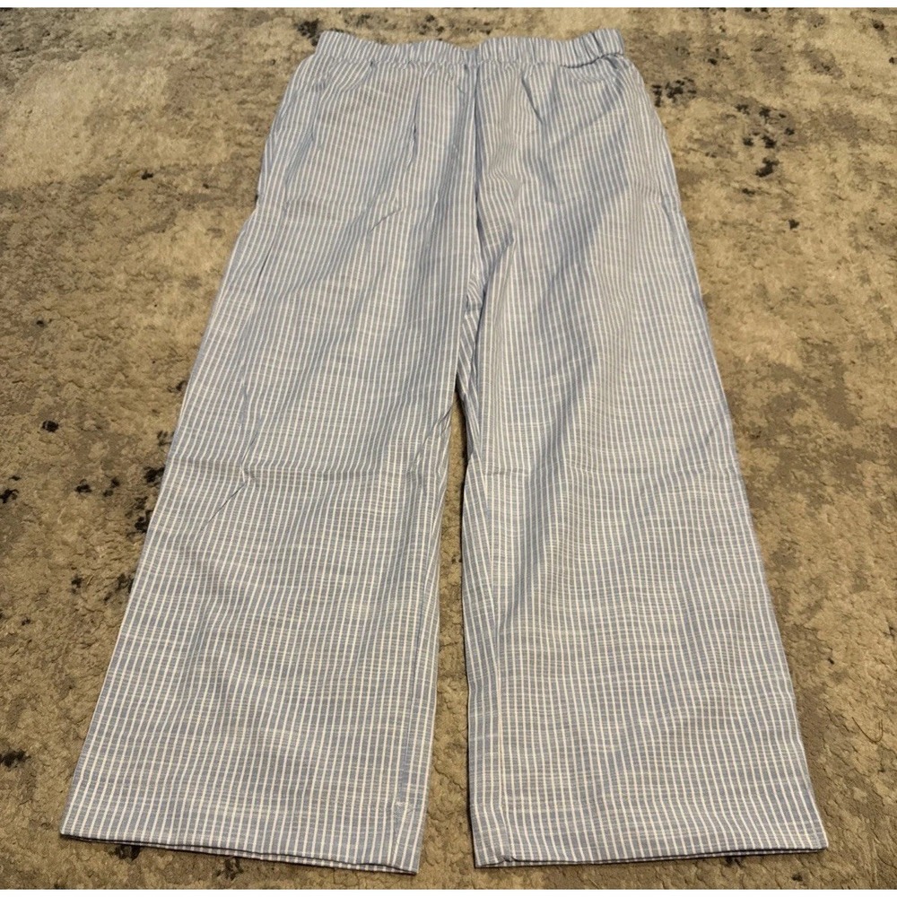 Unbranded Womens Linen Blend Capri Pants Sz Large Blue White Striped Pull On